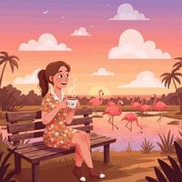 Woman Enjoying Coffee on Bench Watching Flamingos at Sunset vector