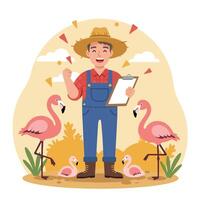 Flamingo Keeper Celebrating Success with Pink Birds and Record Board vector