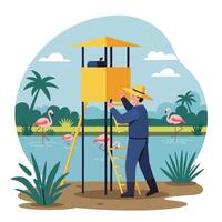 Person Climbing Observation Tower in Tropical Setting with Pink Birds vector