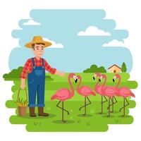 Farmer with Flamingos on a Farm Field Under a Cloudy Sky vector