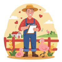 Farmer Checking Farm with Flamingos Illustration, Farmhouse Background, Happy Scene vector