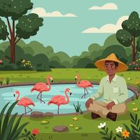Man Watching Flamingos in Pond in Tranquil Garden Setting vector