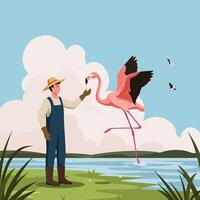 Person Interacting with Flamingo Near Water in Peaceful Nature Setting vector