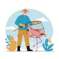 Person Catching Flamingo with Net Illustration Against Light Blue Background vector