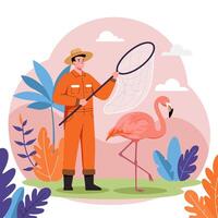 Catching Flamingo with a Net Gardener in a Colorful Garden vector