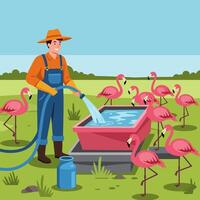 Watering Hole Filling with Flamingos Gathered Around on a Sunny Day vector