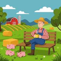 Farmer Relaxing with Drink on Bench Farm Scene Illustration vector