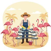 Person Cleaning Flamingo Feeding Trays with Pink Birds in Tropical Setting vector