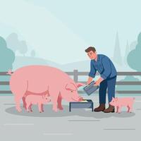 Farmer Feeding Pigs Illustration on Farm with Fence and Trees vector