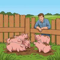 Man Watching Group of Pigs Playing in Mud on Farm vector