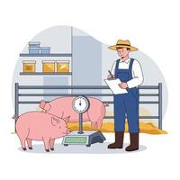 Farmer Weighing Piglets in a Pen Recording Data on Clipboard vector