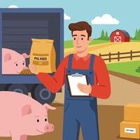 Farmer Feeding Pigs with Feed Bag and Clipboard at Farm vector