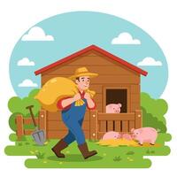 Farmer Carrying Feed Sack at Pig Farm with Cute Pigs vector
