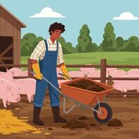 Farmer Working with Wheelbarrow Near Pigs in a Countryside Barnyard vector