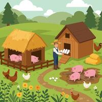 Farmer Collecting Eggs on a Farm with Pigs and Chickens vector