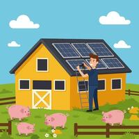 Installing Solar Panels on Farm Building with Pigs in Meadow vector