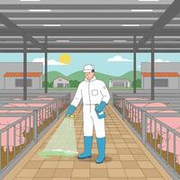 Worker Disinfecting Pig Farm with Spray to Maintain Hygiene Standards vector