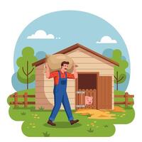 Farmer Carrying Sack Near Pig House on a Green Farm vector