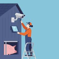 Installing Security Camera at Farm with Pig Watching Through Window vector