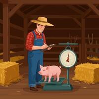 Farmer Weighing Piglet on Scale in Barn Taking Notes vector