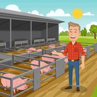 Smiling Farmer Near Pig Farm with Happy Pigs in Pens vector