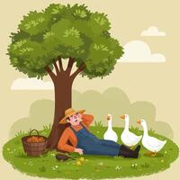Farmer Resting Under Tree with Geese in Peaceful Countryside Scene vector