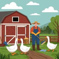 Farmer Cleaning Barnyard with Geese in a Rural Setting vector