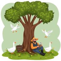 Farmer Resting Under Tree Surrounded by Geese in Peaceful Scene vector