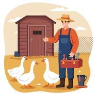 Farmer Holding Toolbox with Geese Near Wooden Shed in Rural Setting vector