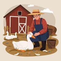 Farmer Tending to Goose at Barnyard with Simple Illustrated Style vector