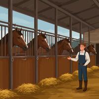 Farmer Standing by Horse Stalls Offering Welcome in Barn Interior vector