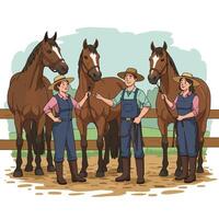 Horse Handlers with Three Horses in a Paddock Cartoon Style vector