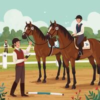 Horse Show with Riders Being Judged in a Green Field Setting vector