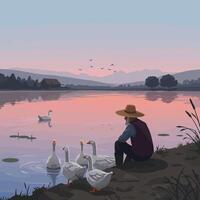 Man Watching Geese at Calm Lake with Distant Mountain Scenery vector