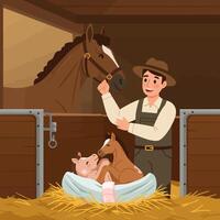 Farmer Interacting with Horse and Foals in Stable Enjoying Rural Life vector