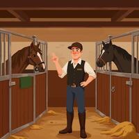 Man Showing Peace Sign Next to Horses in Stable at Farm vector