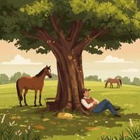 Man Resting Under a Tree with Horses in a Meadow vector