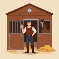 Man Standing in Horse Stable with Horse Looking Out Window vector