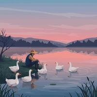 Farmer Relaxing by Lake at Dusk with Geese Swimming Peacefully vector