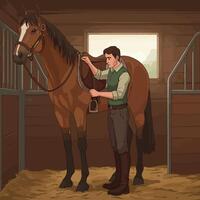 Man Preparing Horse with Saddle Inside Stable for Riding Activity vector