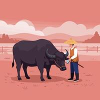 Farmer with Carabao Working in Field in Southeast Asia Illustration vector