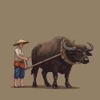 Farmer Working with Water Buffalo Illustration in Traditional Style vector