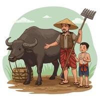 Farmer with Water Buffalo and Child Illustration in Traditional Setting vector