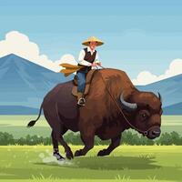 Man Riding a Water Buffalo Across Green Field with Mountain Backdrop vector