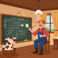 Farmer Planning Daily Tasks on Blackboard with Cow in Wood Bucket vector