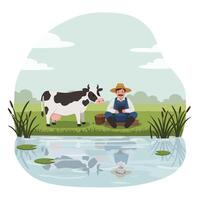 Farmer with Cow Sitting by Pond Using Tablet for Work vector
