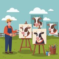 Farmer Painting Cows on Canvas in a Green Field Illustration vector