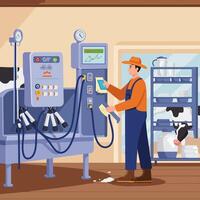 Farmer Operating Automated Milking System in Dairy Farm with Cows vector