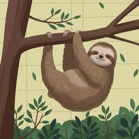 Sloth Hanging on Tree Branch Cartoon Illustration with Green Foliage vector