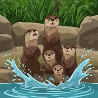 Otter Family Enjoying Water Splashing Fun Near Rocks and Greenery vector